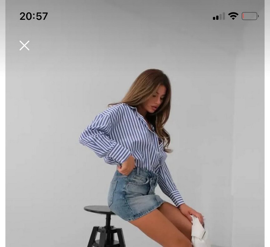 Çizgili V Yaka Gri Mavi Gömlek - Görsel 3