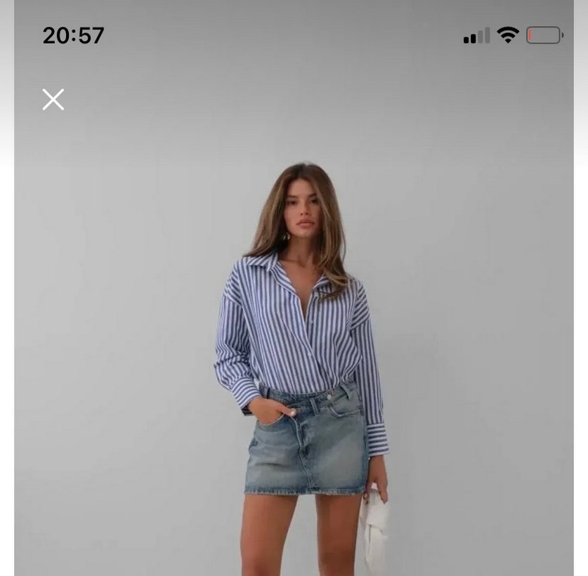 Çizgili V Yaka Gri Mavi Gömlek - Görsel 2