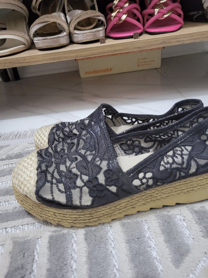 Siyah Nakışlı Örgü Dolgu Topuklu Espadril - Görsel 2