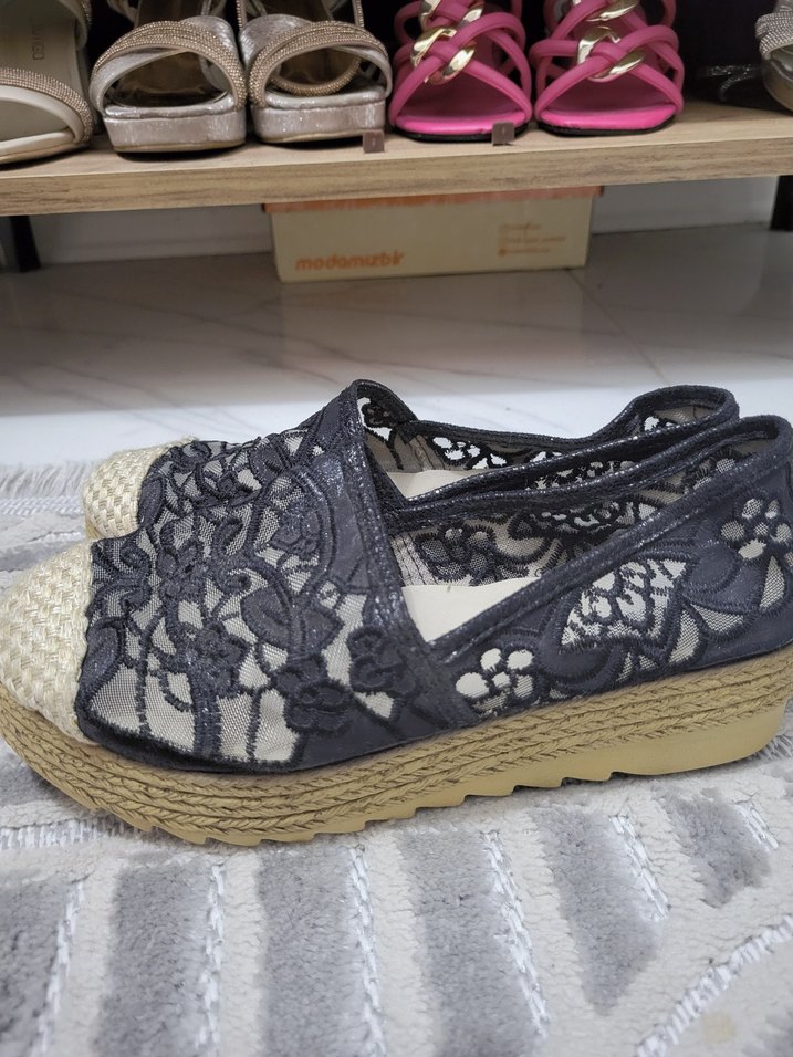 Siyah Nakışlı Örgü Dolgu Topuklu Espadril - Görsel 3