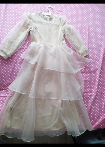 kadın acık kahve Uzun Kollu Fırfırlı abiye - Görsel 2