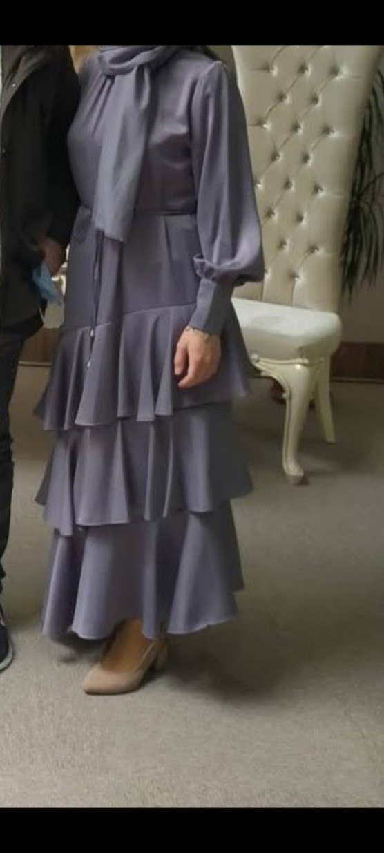 Gri Uzun Kollu Fırfırlı Kadın Elbise - Görsel 2