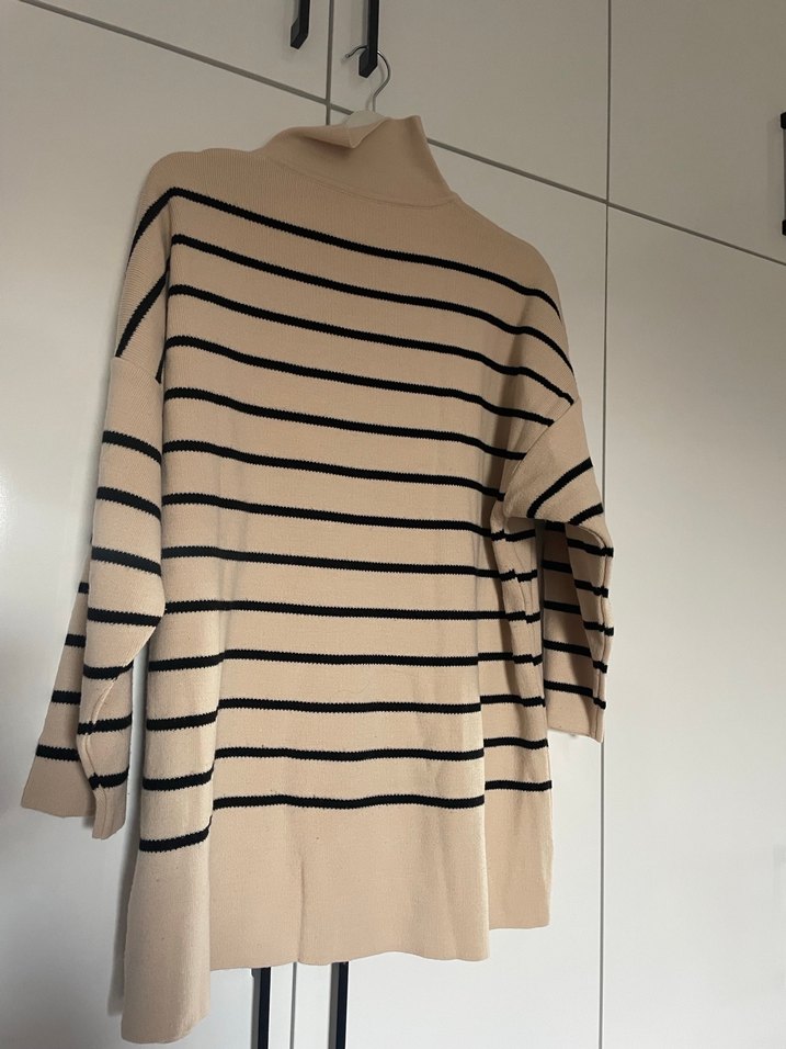 Bej Çizgili V Yakalı Triko Kadın Kazak - Görsel 2