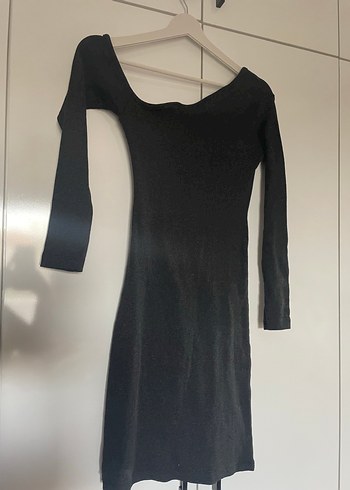 Drapeli Siyah Midi V Yaka  Elbise - Görsel 2