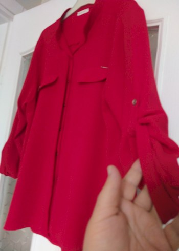 Düğmeli Kırmızı Kadın Gömlek - Görsel 8