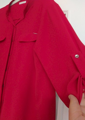 Düğmeli Kırmızı Kadın Gömlek - Görsel 9