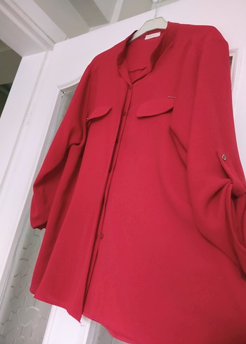 Düğmeli Kırmızı Kadın Gömlek - Görsel 4