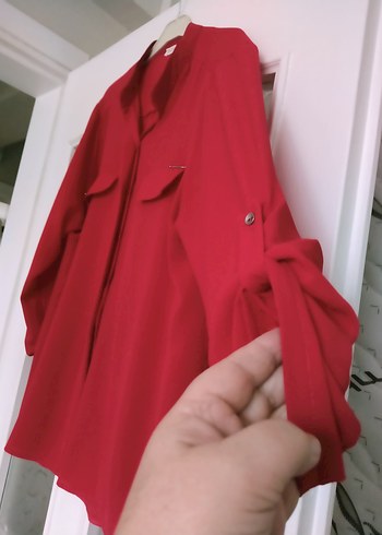 Düğmeli Kırmızı Kadın Gömlek - Görsel 3