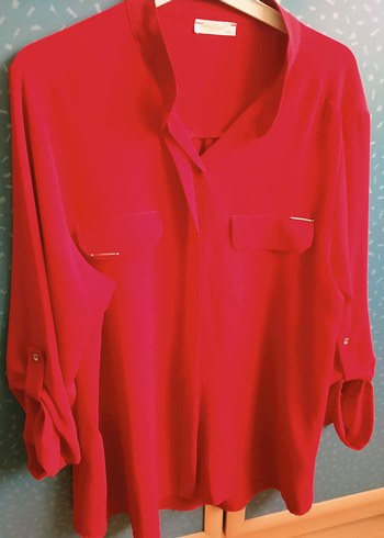 Düğmeli Kırmızı Kadın Gömlek - Görsel 13