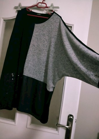 Gri Siyah Kadın Midi Tunik, Uzun Kollu, Salaş tuvid marka. - Görsel 2