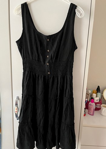 Düğmeli Siyah Keten Midi Elbise - Görsel 2