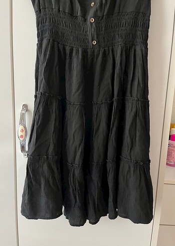 Düğmeli Siyah Keten Midi Elbise - Görsel 4