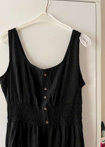 Düğmeli Siyah Keten Midi Elbise - Görsel 3