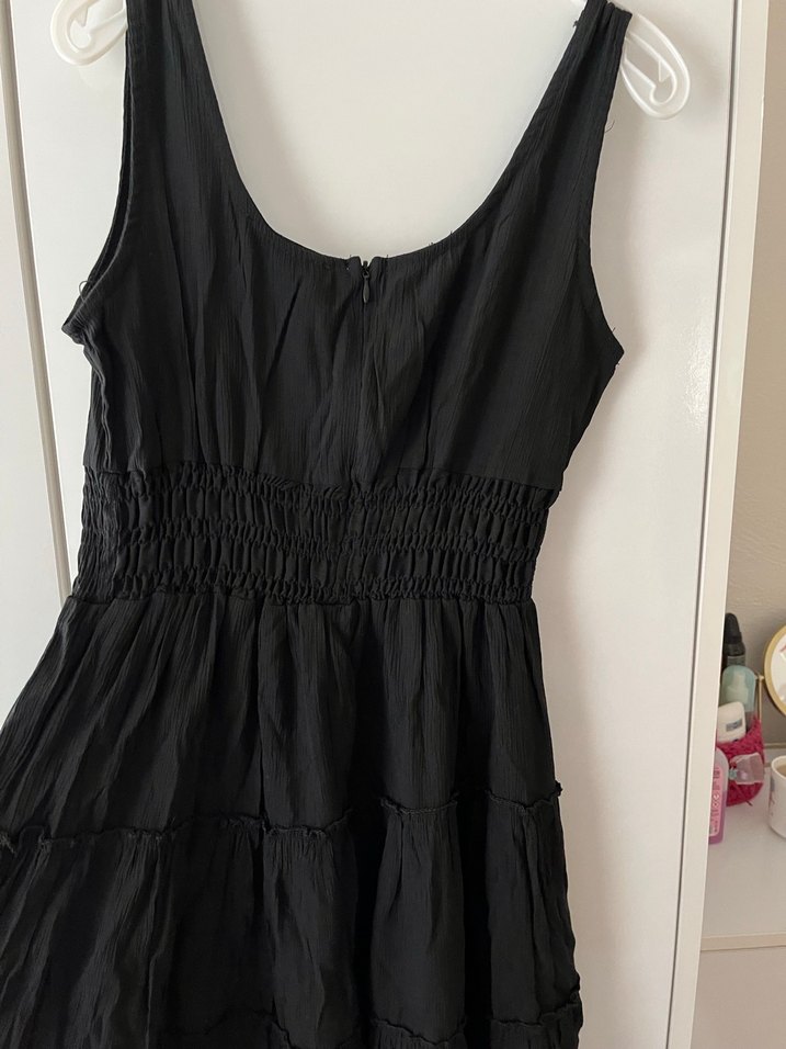 Düğmeli Siyah Keten Midi Elbise - Görsel 5