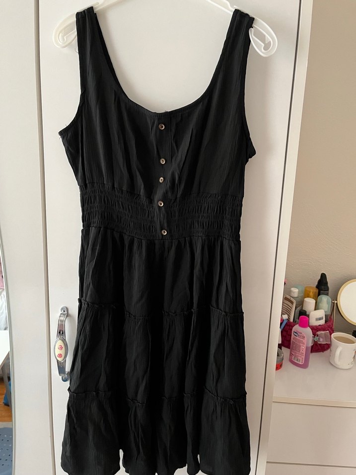 Düğmeli Siyah Keten Midi Elbise - Görsel 2