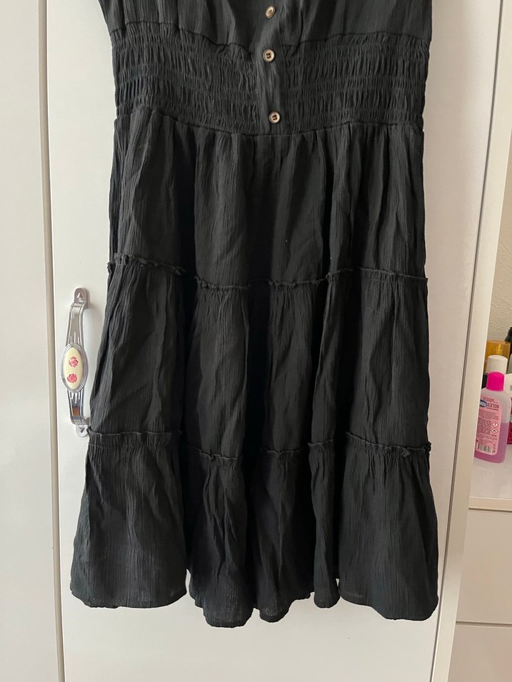 Düğmeli Siyah Keten Midi Elbise - Görsel 4