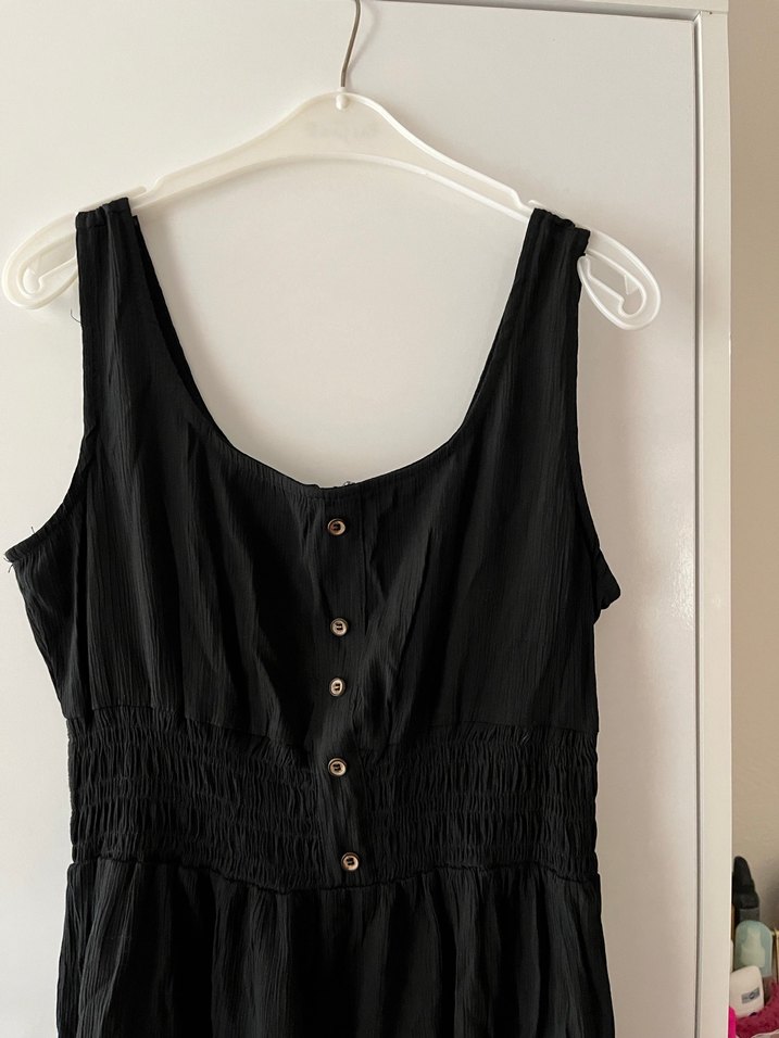 Düğmeli Siyah Keten Midi Elbise - Görsel 3