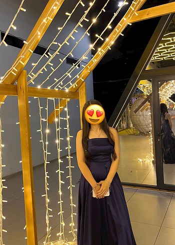 Straplez lacivert Uzun Drapeli Kadın Elbise - Görsel 2