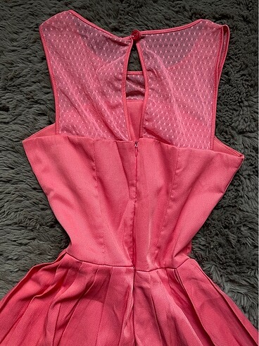 Şeker Pembe Bisiklet (Gizli straplez) Transparan Yaka Kısa Elbis - Görsel 5