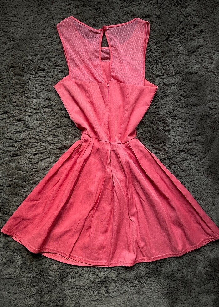 Şeker Pembe Bisiklet (Gizli straplez) Transparan Yaka Kısa Elbis - Görsel 4