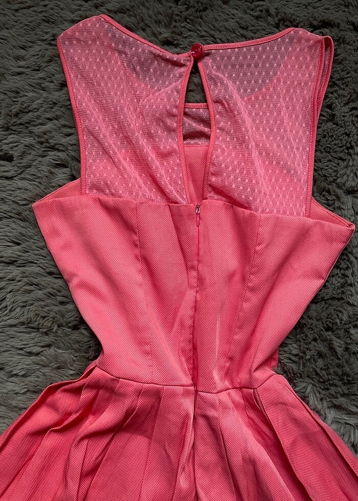 Şeker Pembe Bisiklet (Gizli straplez) Transparan Yaka Kısa Elbis - Görsel 5