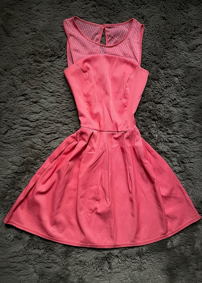 Şeker Pembe Bisiklet (Gizli straplez) Transparan Yaka Kısa Elbis - Görsel 2