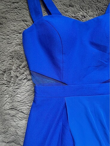 Beli Pencereli A kesim Kısa Etek Uzun Tül Saks Mavisi Abiye - Görsel 2