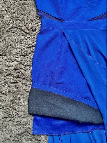 Beli Pencereli A kesim Kısa Etek Uzun Tül Saks Mavisi Abiye - Görsel 4