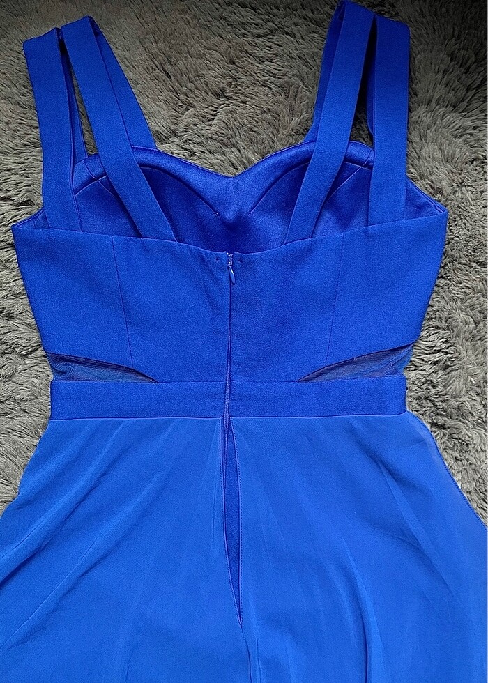 Beli Pencereli A kesim Kısa Etek Uzun Tül Saks Mavisi Abiye - Görsel 3