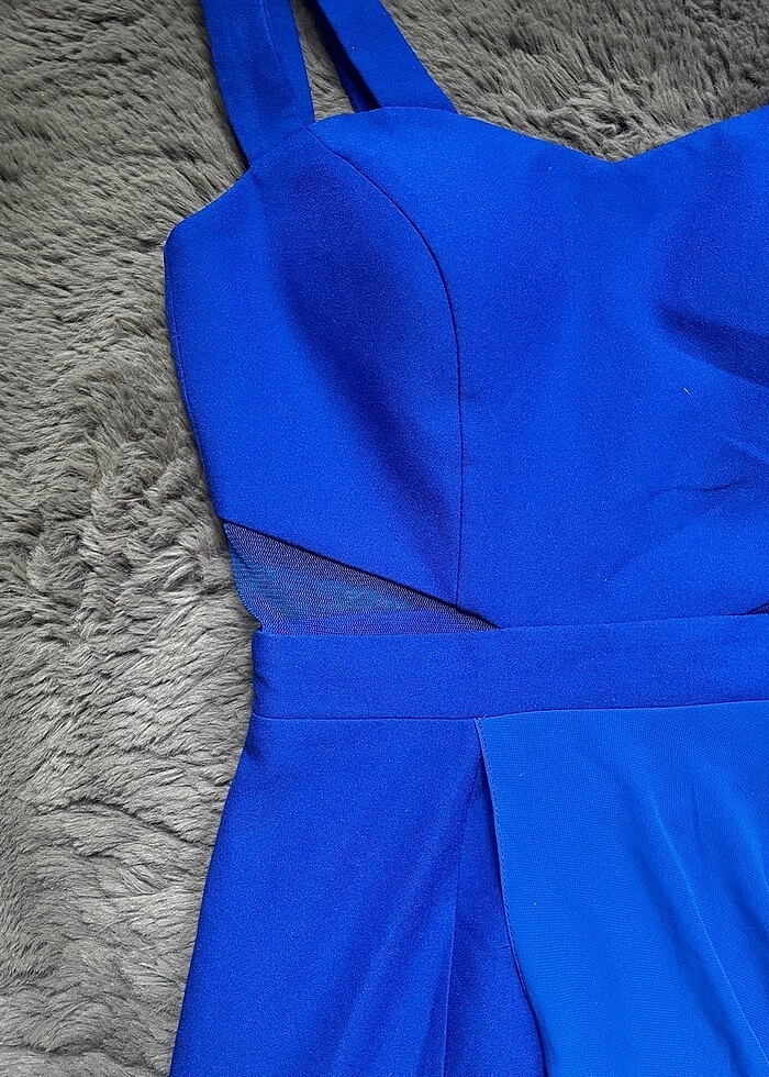 Beli Pencereli A kesim Kısa Etek Uzun Tül Saks Mavisi Abiye - Görsel 2