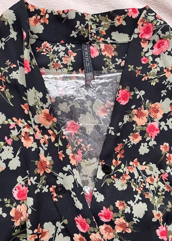 CHIMA Çiçek Desenli V Yakalı Kapri Kol Lastikli Elbise - Görsel 6