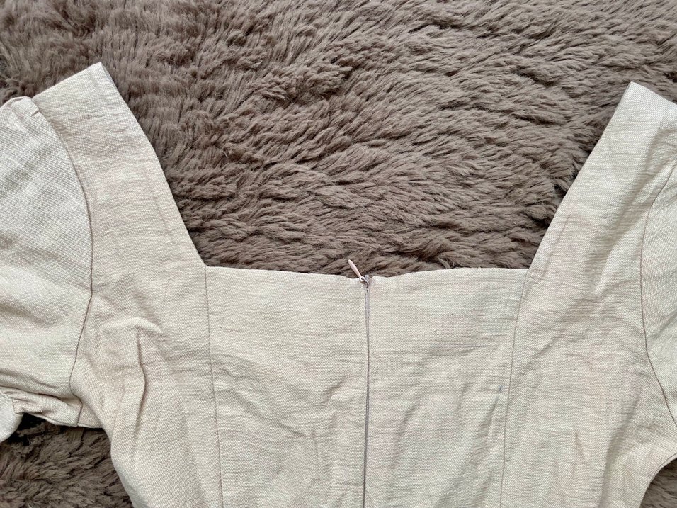 Kare Yaka Prenses Kısa Kollu Keten Elbise - Görsel 5