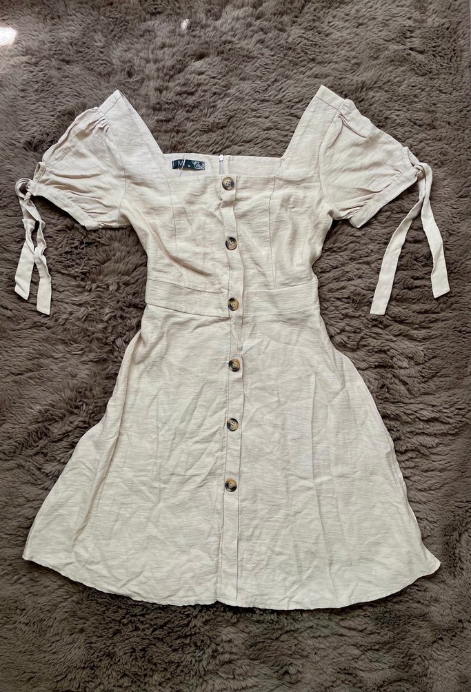 Kare Yaka Prenses Kısa Kollu Keten Elbise - Görsel 3