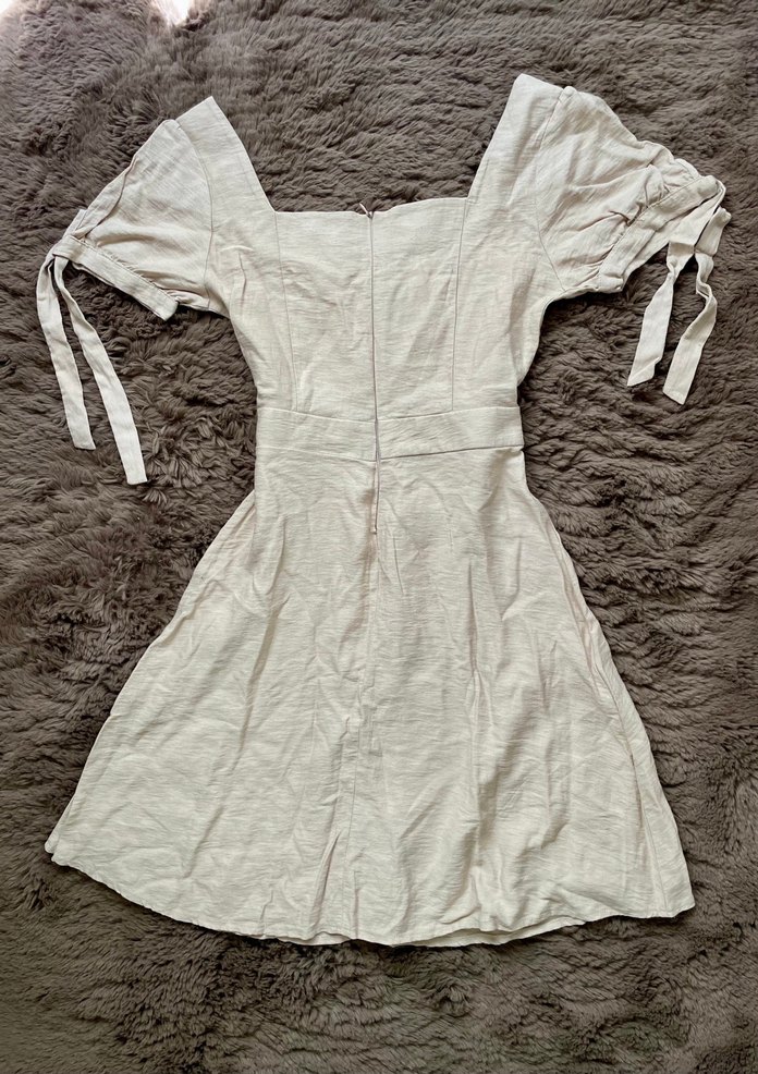 Kare Yaka Prenses Kısa Kollu Keten Elbise - Görsel 4