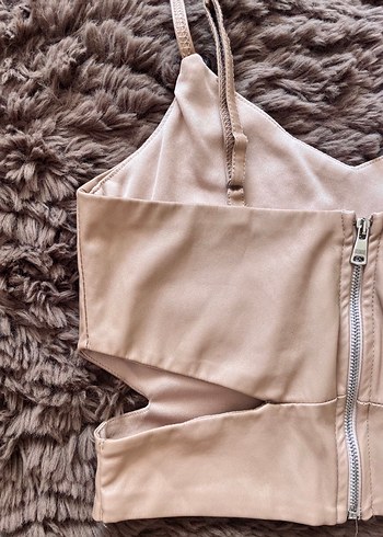 Deri Kumaşlı Pencereli Askılı Bej Büstiyer - Görsel 4