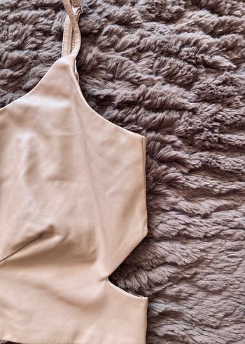 Deri Kumaşlı Pencereli Askılı Bej Büstiyer - Görsel 2