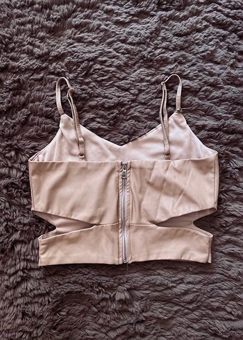 Deri Kumaşlı Pencereli Askılı Bej Büstiyer - Görsel 3