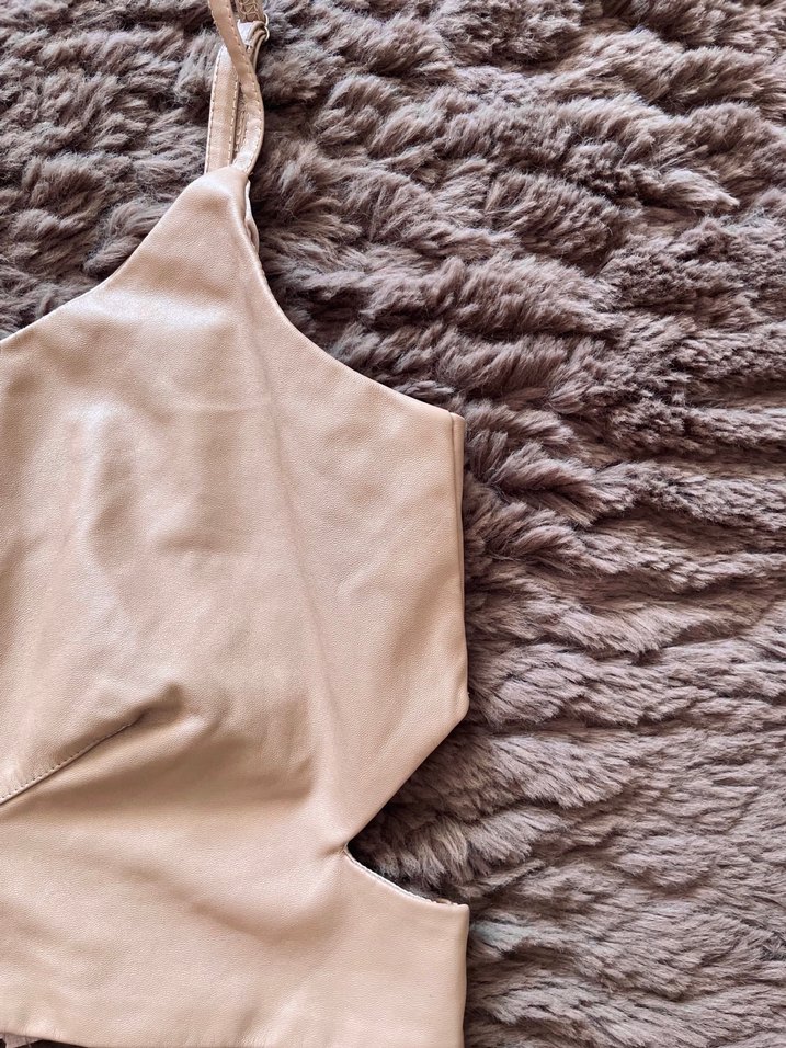 Deri Kumaşlı Pencereli Askılı Bej Büstiyer - Görsel 2