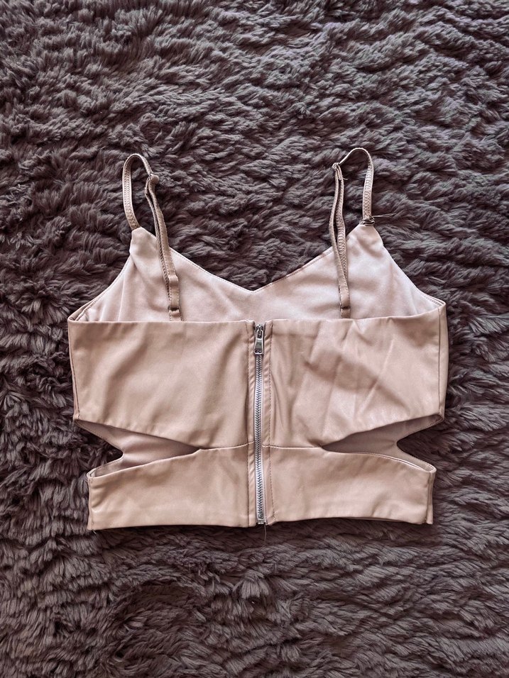 Deri Kumaşlı Pencereli Askılı Bej Büstiyer - Görsel 3