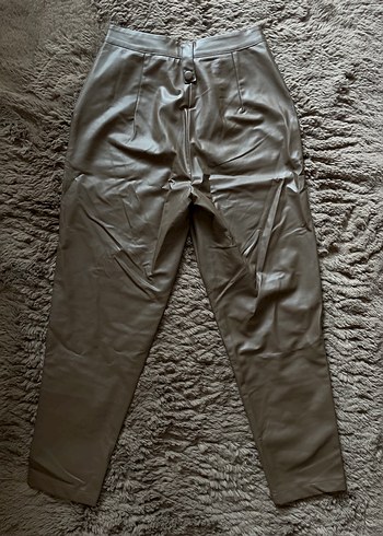 Düğmeli Kahverengi Cepli Deri Kadın Pantolon - Görsel 6