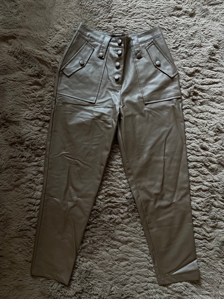 Düğmeli Kahverengi Cepli Deri Kadın Pantolon - Görsel 2