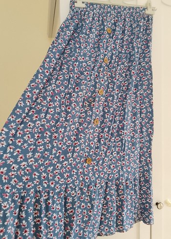 Düğmeli Mavi Çiçek Desenli Etek - Görsel 3