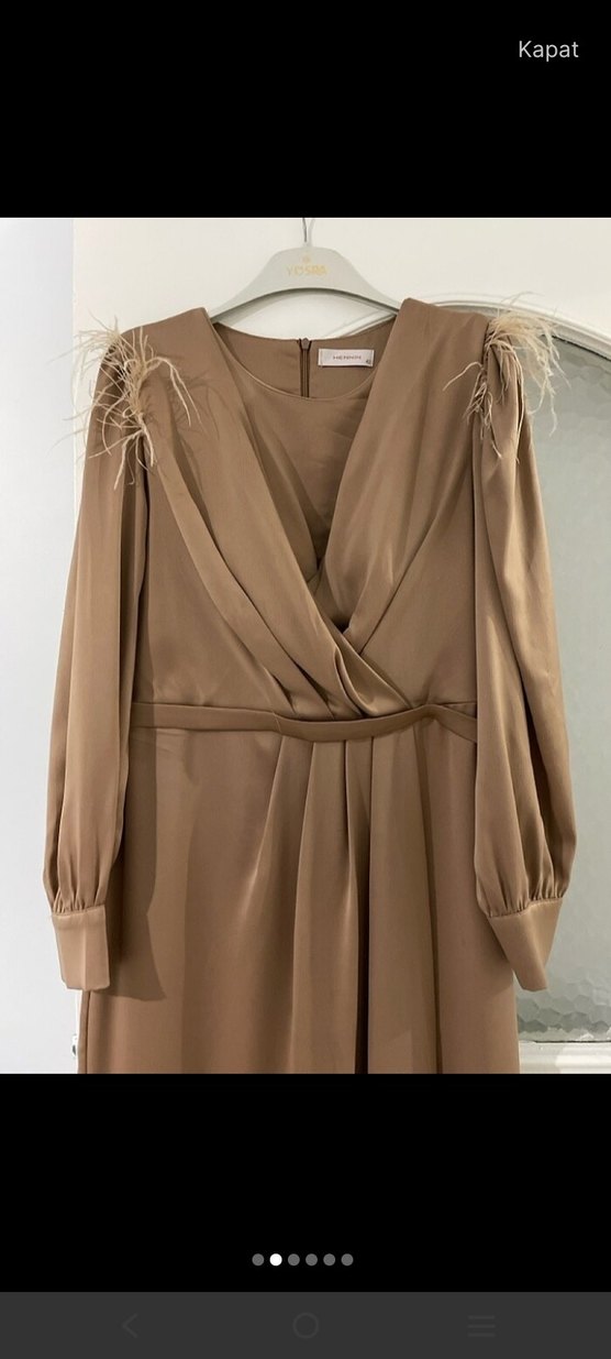 Şal hediyeli  Bej Drapeli Uzun Kadın Abiye Elbise - Görsel 2