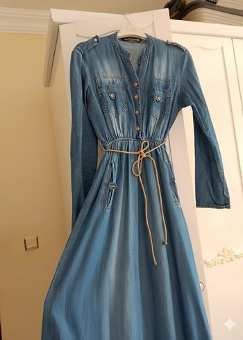 Kadın Lacivert Bağcıklı Uzun Kot Elbise - Görsel 2