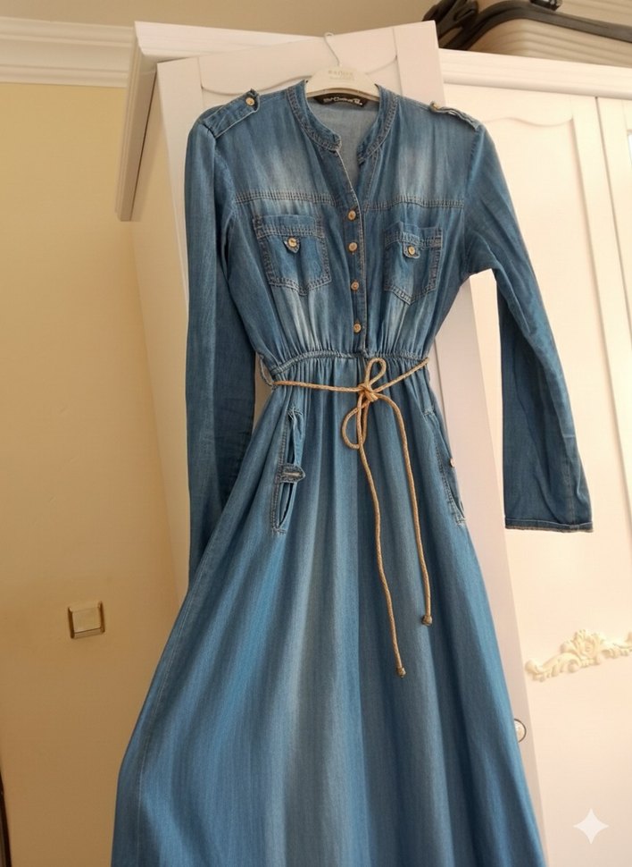 Kadın Lacivert Bağcıklı Uzun Kot Elbise - Görsel 2