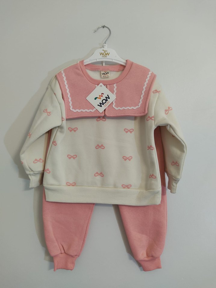 Nakışlı, Yakalı Pembe Örgü Bebek Kız Takımı - Görsel 3