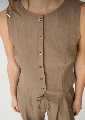 Düğmeli Kolsuz Keten Bej Kadın Yelek - Görsel 4