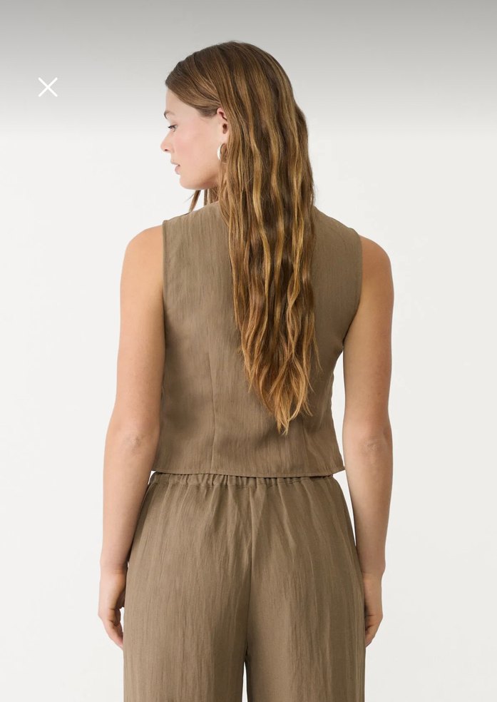 Düğmeli Kolsuz Keten Bej Kadın Yelek - Görsel 3