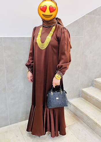 Uzun Kahverengi Etnik Desenli Bohem Elbise - Görsel 3