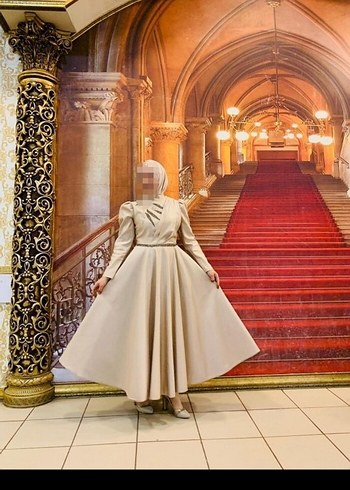 Bej Uzun Kollu Vintage Kadın Elbisesi - Görsel 2